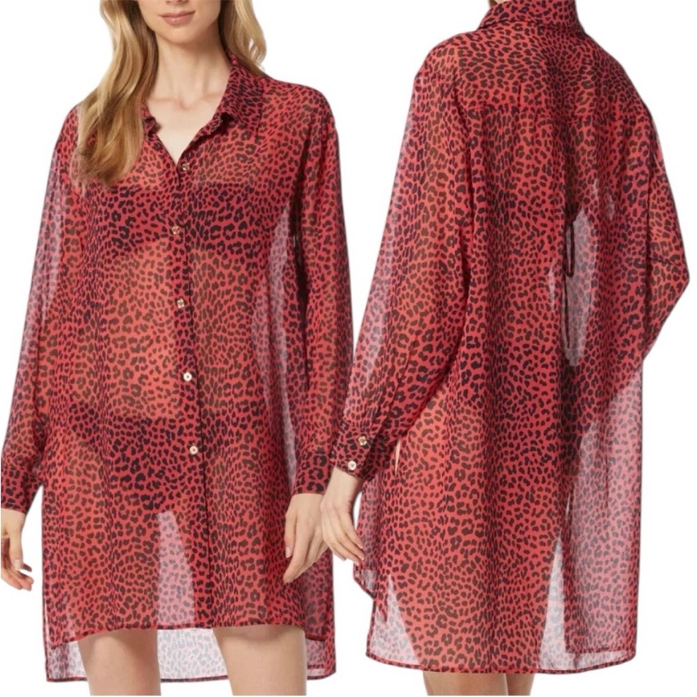 Michael Kors Red Animal Print Cheetah Sheer Long Sleeve Swim Coverup Size S